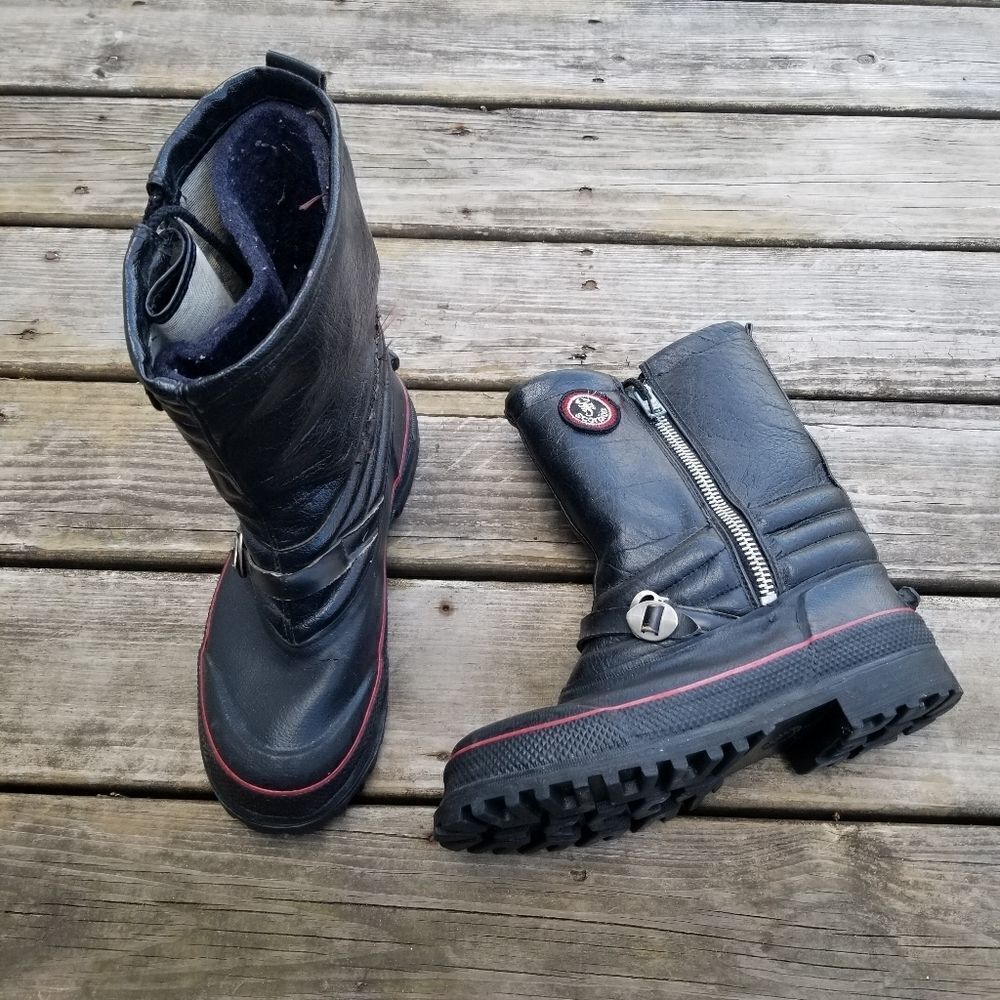 Vintage 80s Scorpion Snowmobile Boots Black Leather Red Stripe Grunge Distressed